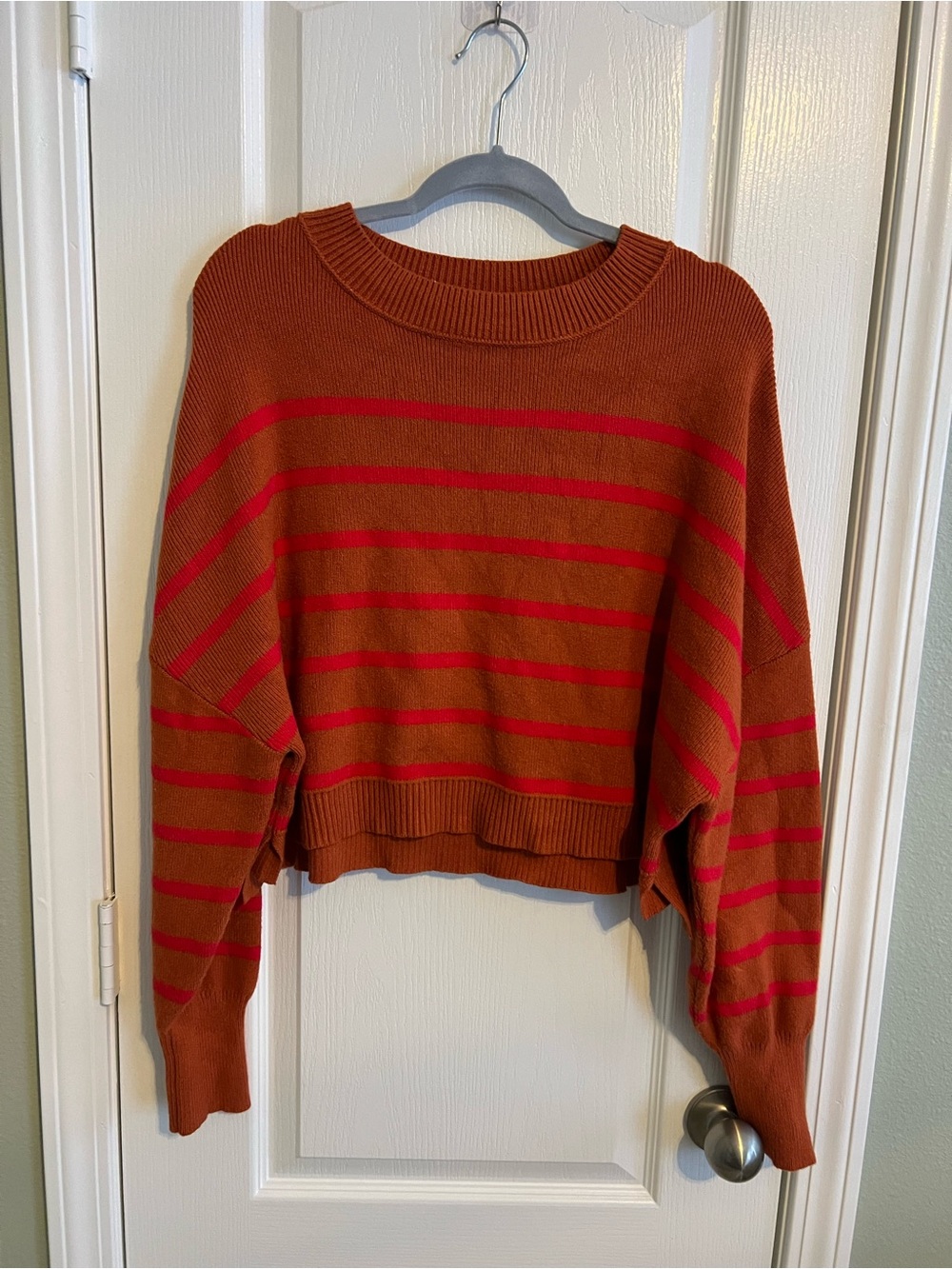 Cropped Rust and Red Striped Crewneck Sweater